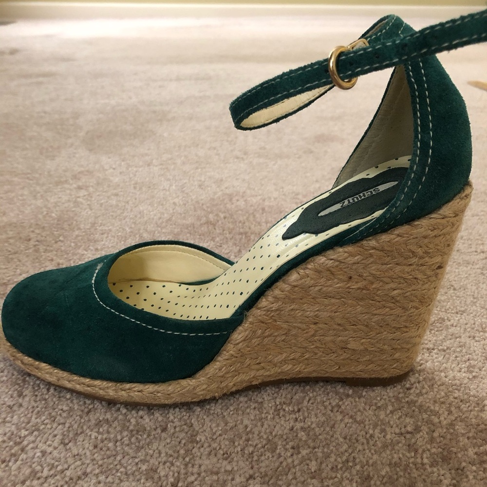 Teal/green suede wedge heels with ankle strap